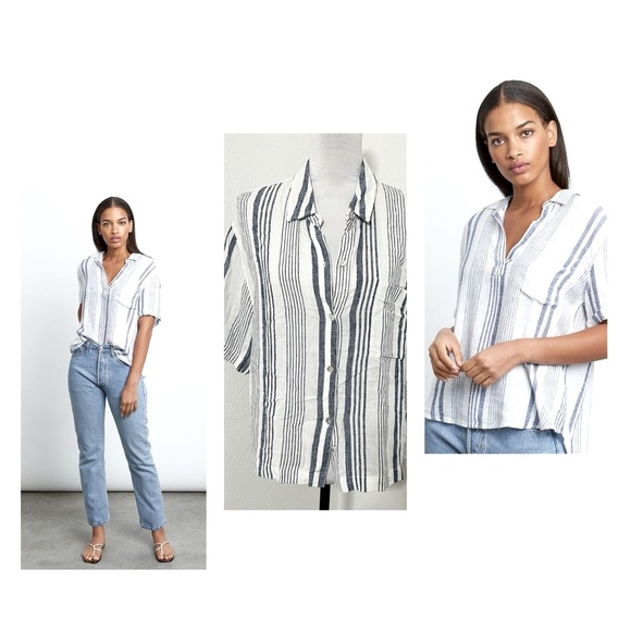 Rails Women’s Large Savannah Striped Linen Blend Button Up Blouse Navy White EUC - Picture 1 of 8